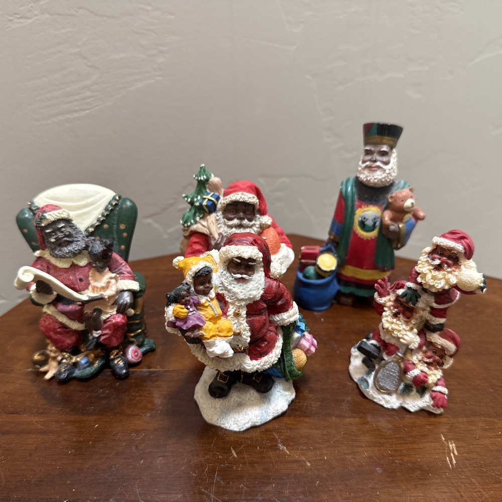 Vintage African American Black Santa Claus Resin Figurine Lot of 5 Christmas
